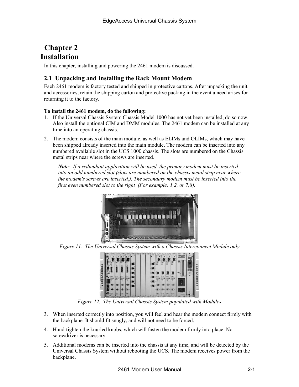 Chapter 2 installation, 1 unpacking and installing the rack mount modem, Chapter 2 installation -1 | 1 unpacking and installing the rack mount modem -1, 2chapter 2 installation | CANOGA PERKINS 2461 E1 Modem User Manual | Page 17 / 74