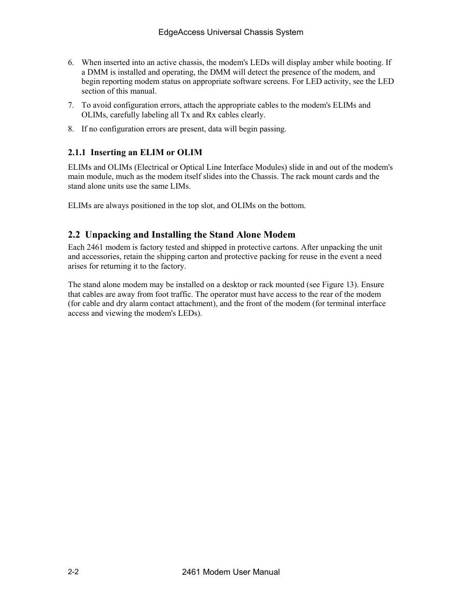 1 inserting an elim or olim, 2 unpacking and installing the stand alone modem | CANOGA PERKINS 2461 E1 Modem User Manual | Page 18 / 74