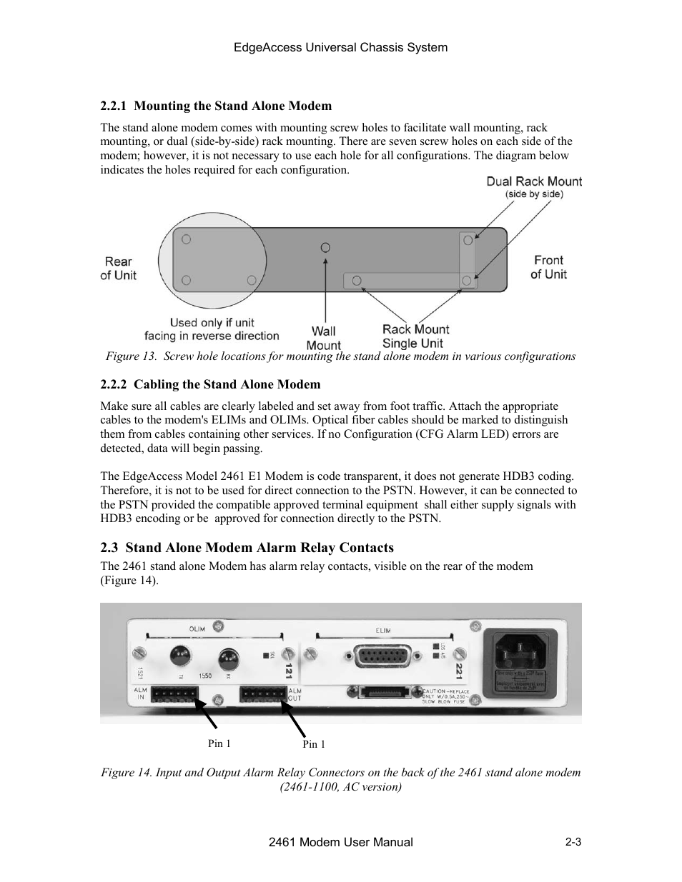 1 mounting the stand alone modem, 2 cabling the stand alone modem, 3 stand alone modem alarm relay contacts | Configurations -3, Modem (2461-1100, ac version) -3 | CANOGA PERKINS 2461 E1 Modem User Manual | Page 19 / 74