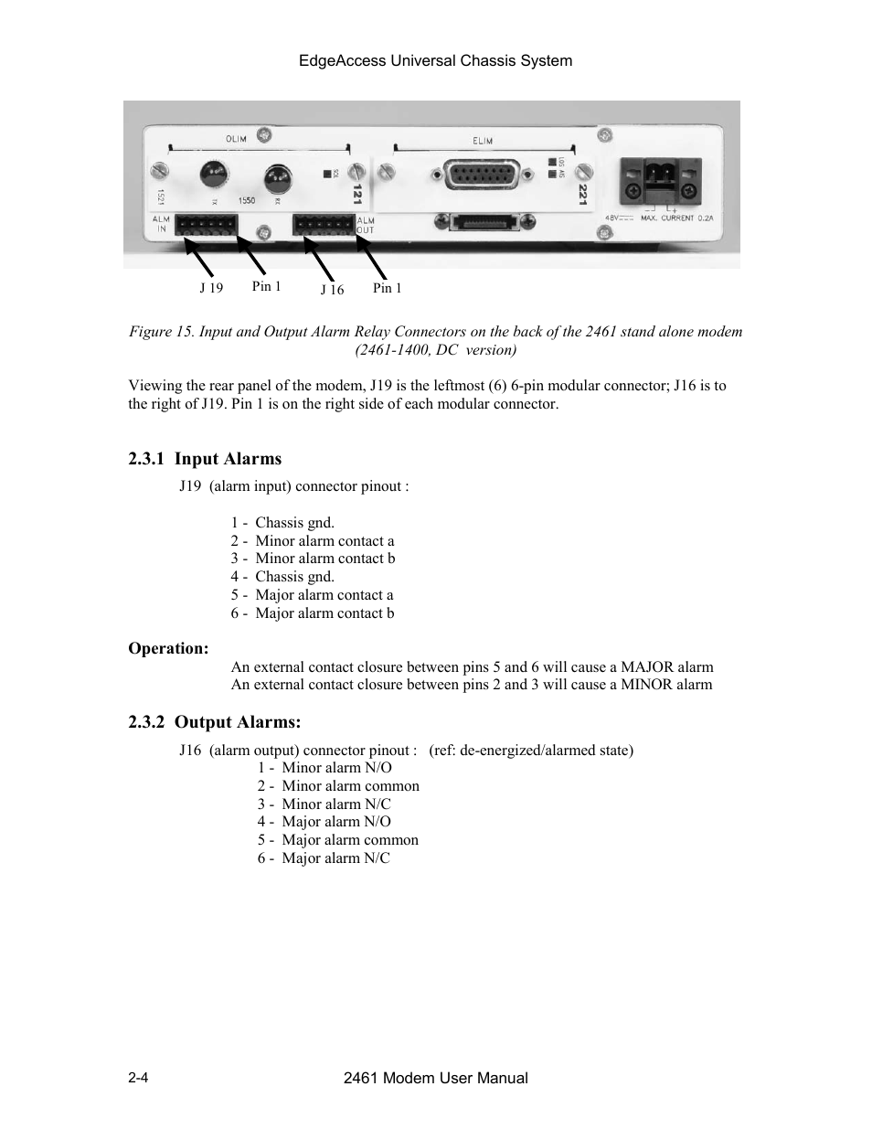 1 input alarms, 2 output alarms, 1 input alarms -4 2.3.2 output alarms: -4 | Modem (2461-1400, dc version) -4 | CANOGA PERKINS 2461 E1 Modem User Manual | Page 20 / 74