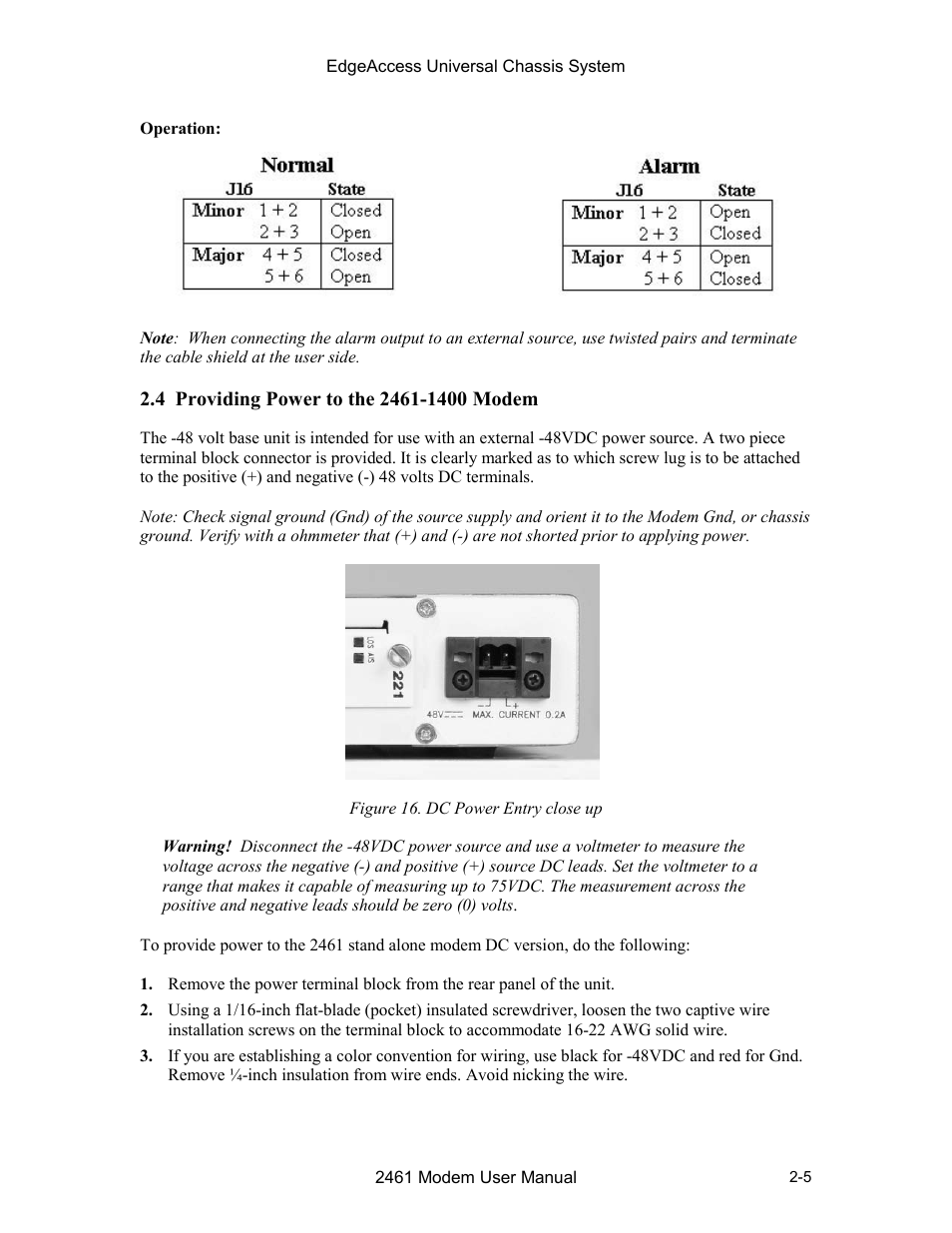 4 providing power to the 2461-1400 modem, 4 providing power to the 2461-1400 modem -5, Figure 16. dc power entry close up -5 | CANOGA PERKINS 2461 E1 Modem User Manual | Page 21 / 74