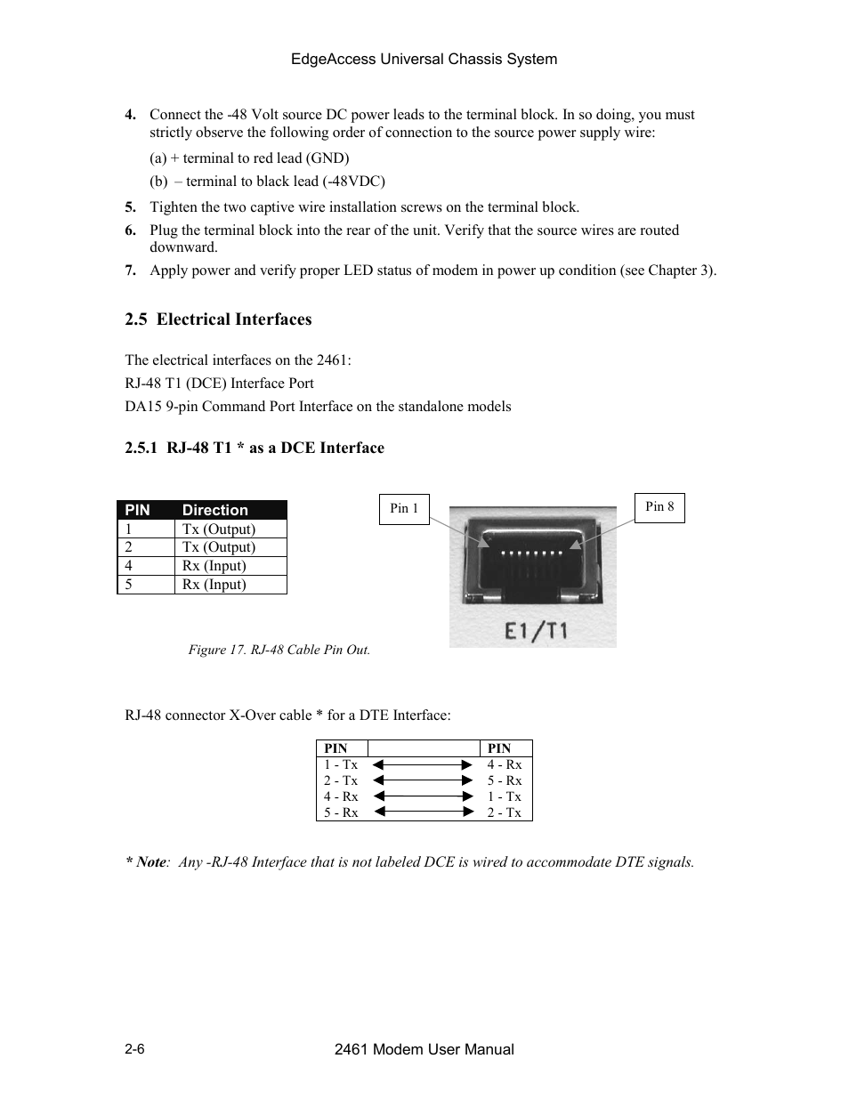 5 electrical interfaces, 1 rj-48 t1 * as a dce interface, Figure 17. rj-48 cable pin out -6 | CANOGA PERKINS 2461 E1 Modem User Manual | Page 22 / 74