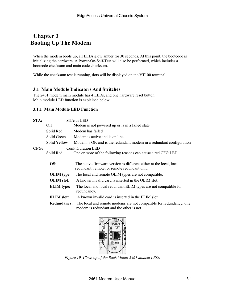 Chapter 3 booting up the modem, 1 main module indicators and switches, 1 main module led function | Chapter 3 booting up the modem -1, 3chapter 3 booting up the modem | CANOGA PERKINS 2461 E1 Modem User Manual | Page 25 / 74