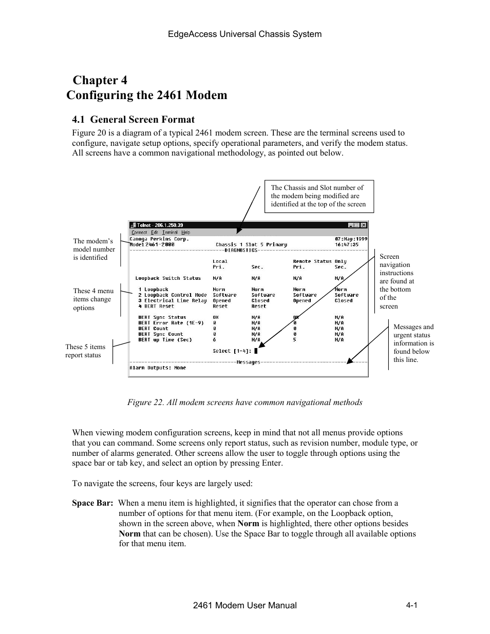 Chapter 4 configuring the 2461 modem, 1 general screen format, Chapter 4 configuring the 2461 modem -1 | 1 general screen format -1 | CANOGA PERKINS 2461 E1 Modem User Manual | Page 29 / 74