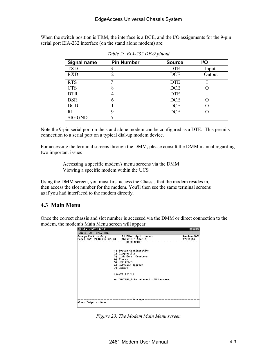 3 main menu, 3 main menu -3, Figure 23. the modem main menu screen -3 | Table 2. eia-232 de 9 pin-out -3 | CANOGA PERKINS 2461 E1 Modem User Manual | Page 31 / 74