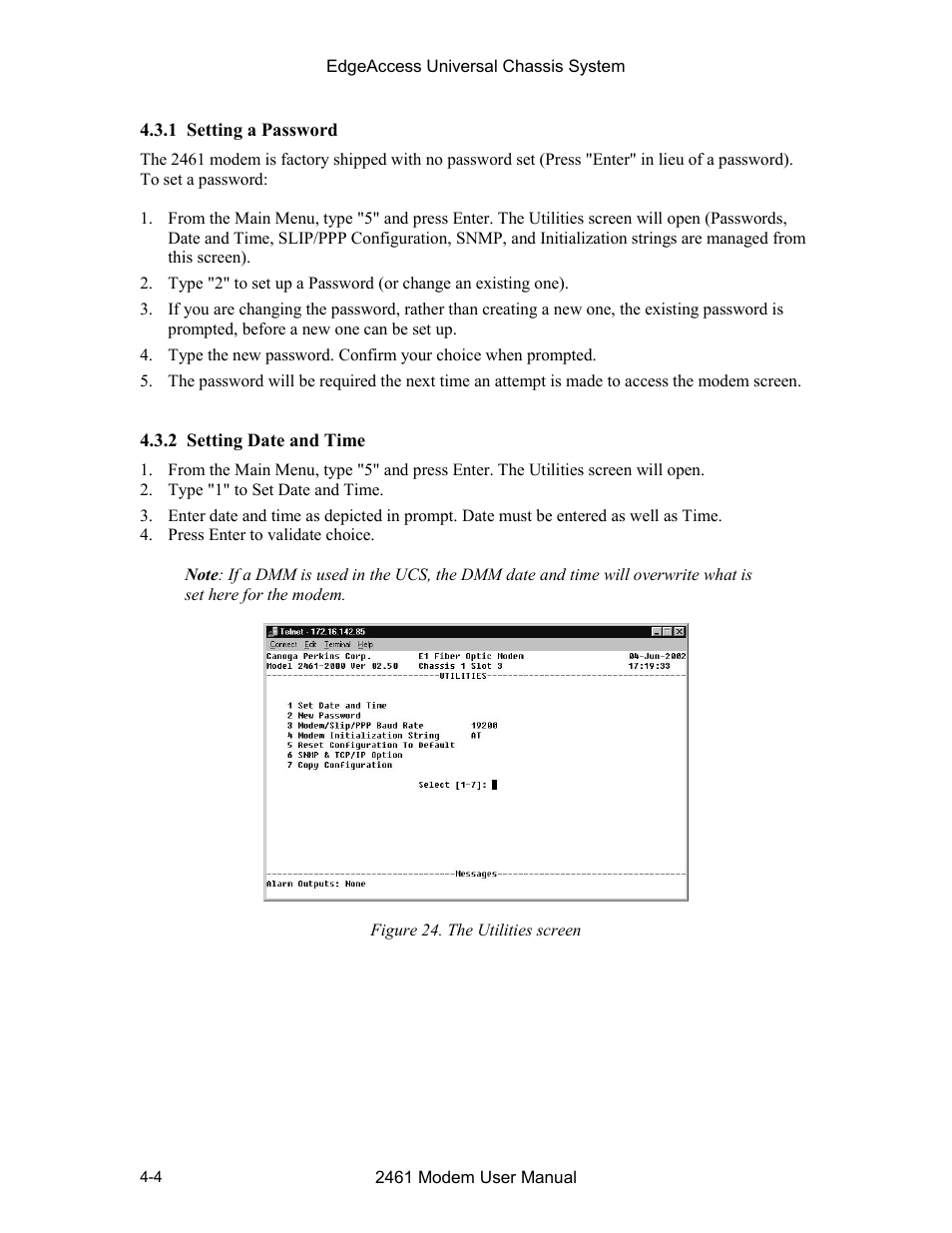 1 setting a password, 2 setting date and time, Figure 24. the utilities screen -4 | CANOGA PERKINS 2461 E1 Modem User Manual | Page 32 / 74