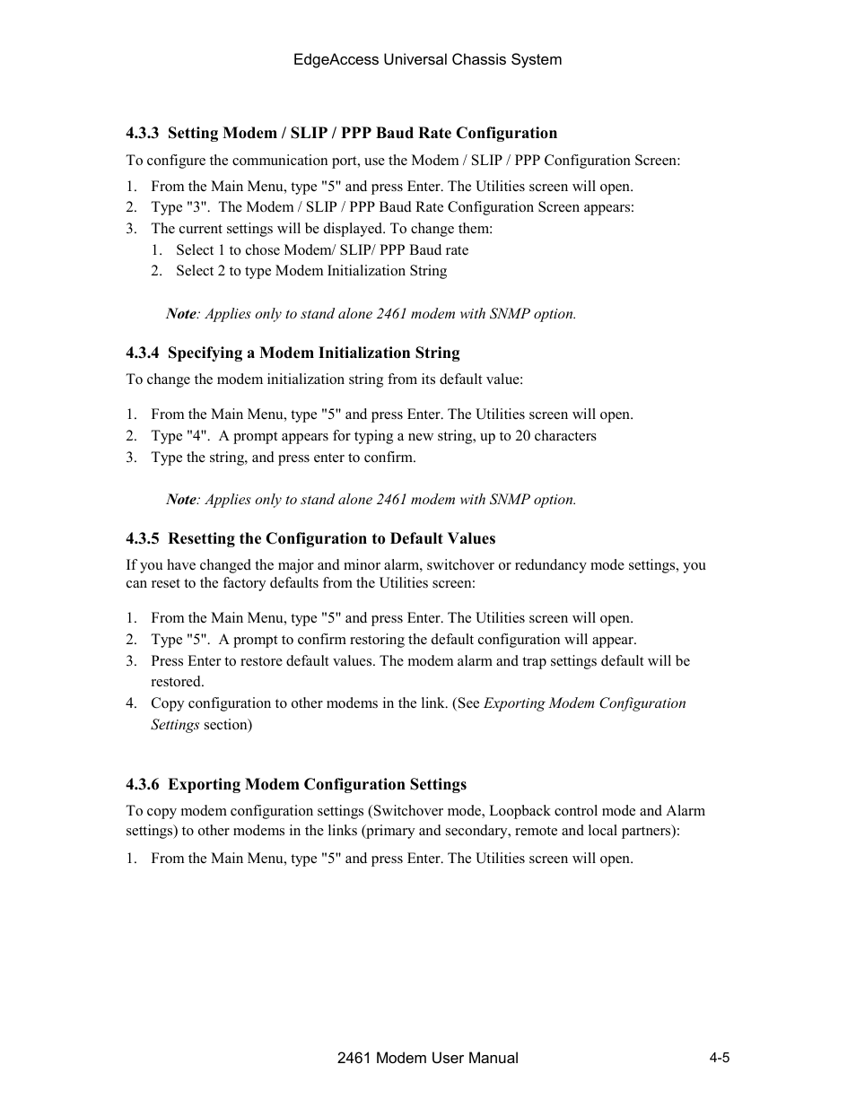 4 specifying a modem initialization string, 5 resetting the configuration to default values, 6 exporting modem configuration settings | CANOGA PERKINS 2461 E1 Modem User Manual | Page 33 / 74
