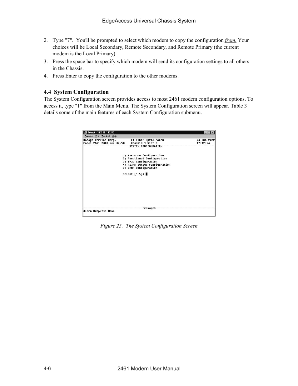 4 system configuration, 4 system configuration -6, Figure 25. the system configuration screen -6 | CANOGA PERKINS 2461 E1 Modem User Manual | Page 34 / 74