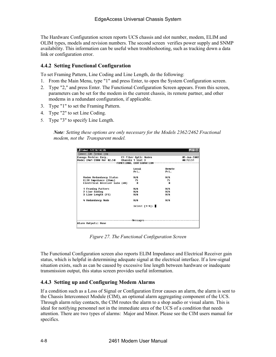 2 setting functional configuration, 3 setting up and configuring modem alarms, Figure 27. the functional configuration screen -8 | CANOGA PERKINS 2461 E1 Modem User Manual | Page 36 / 74