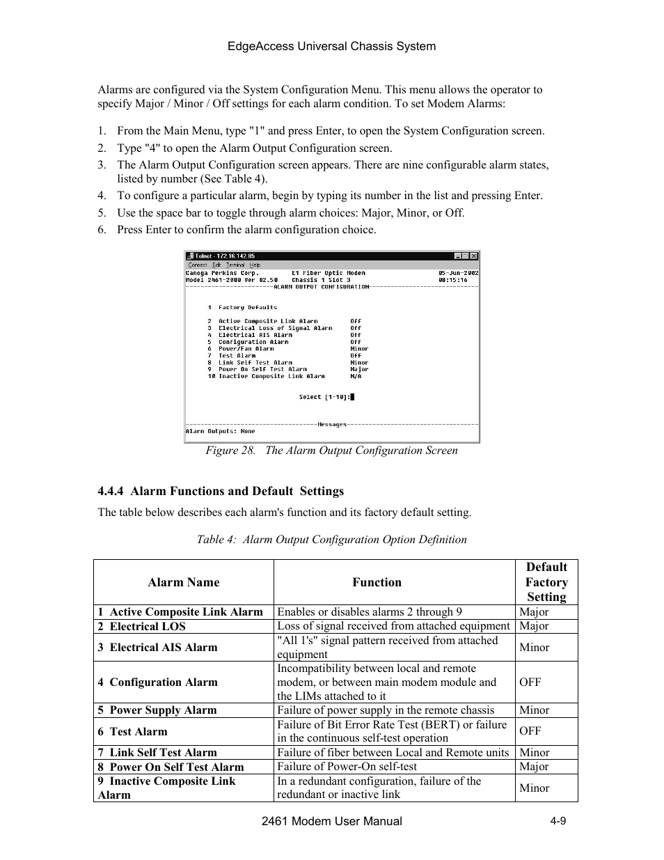 4 alarm functions and default settings, 4 alarm functions and default settings -9 | CANOGA PERKINS 2461 E1 Modem User Manual | Page 37 / 74