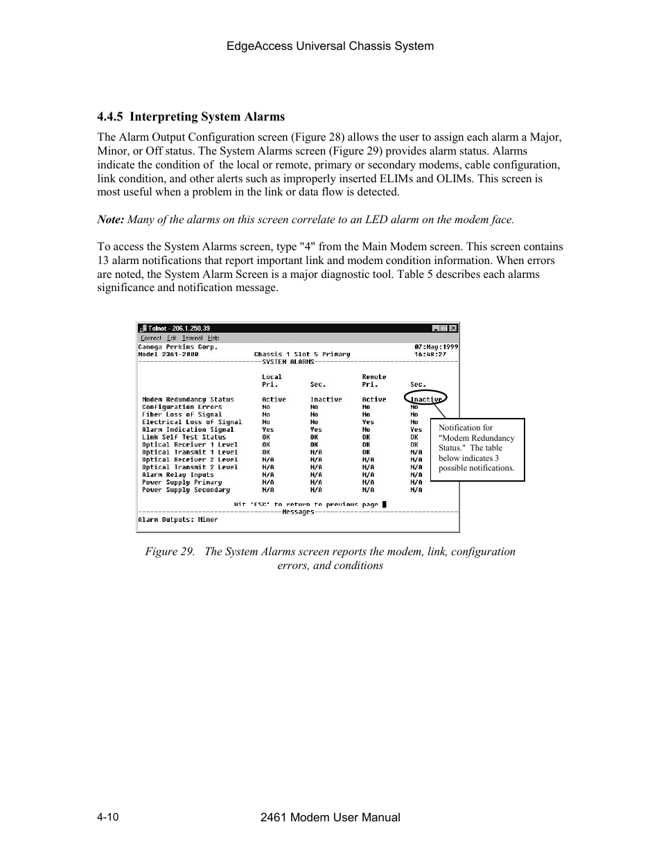 5 interpreting system alarms, 5 interpreting system alarms -10, And conditions -10 | CANOGA PERKINS 2461 E1 Modem User Manual | Page 38 / 74