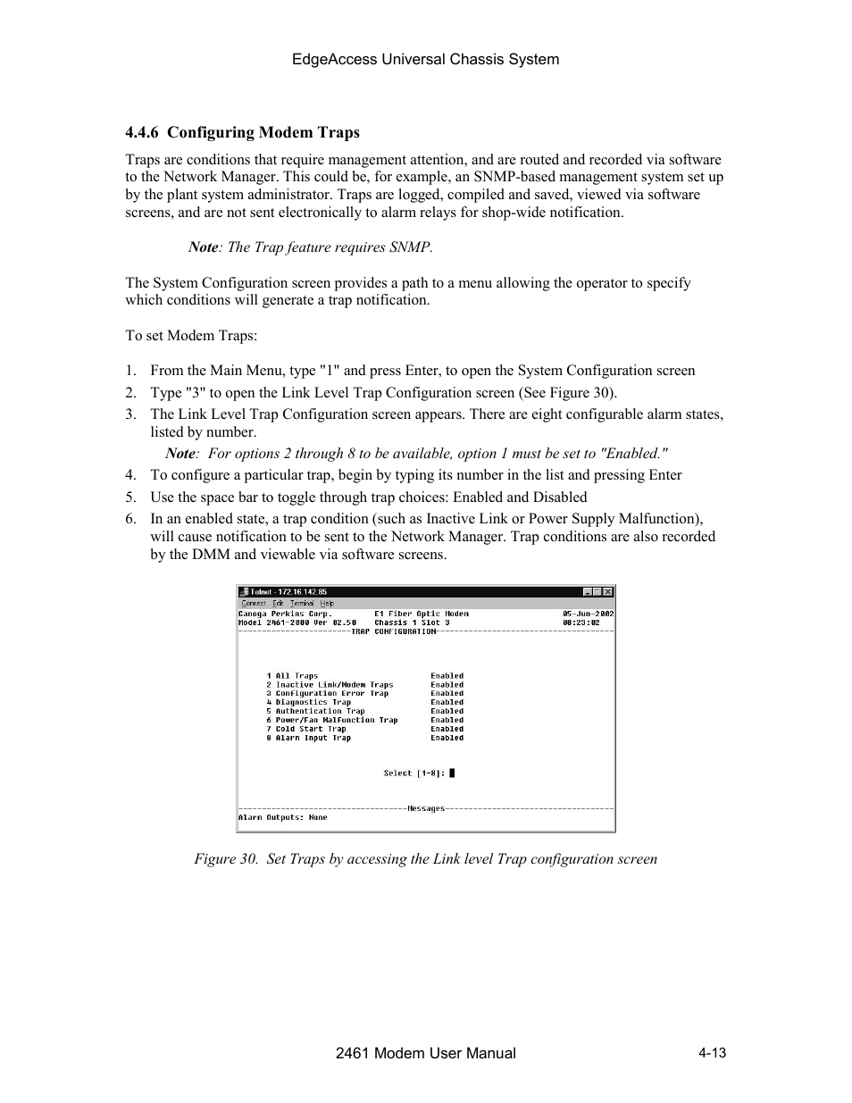 6 configuring modem traps, 6 configuring modem traps -13 | CANOGA PERKINS 2461 E1 Modem User Manual | Page 41 / 74