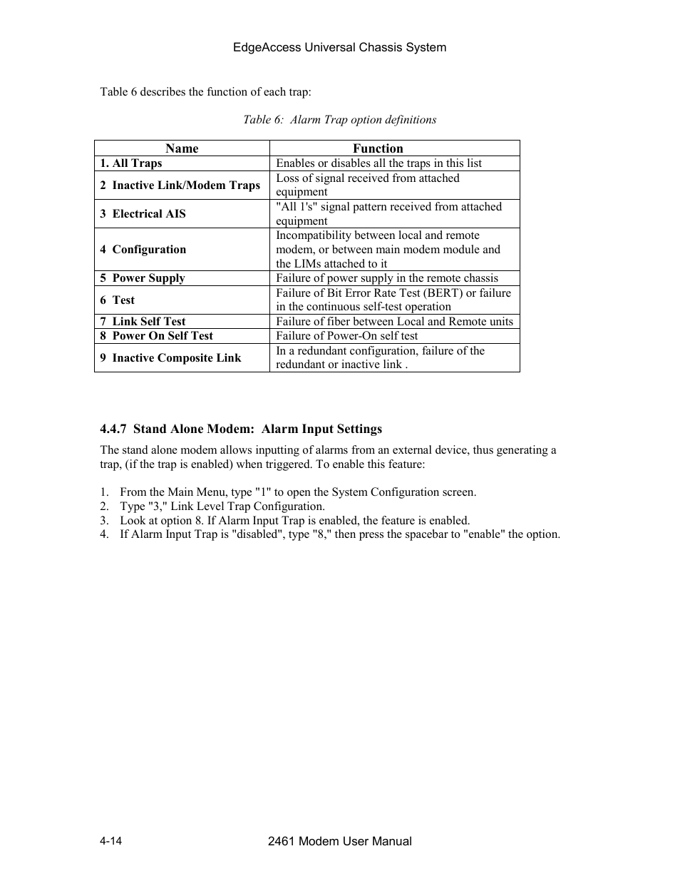 7 stand alone modem: alarm input settings, 7 stand alone modem: alarm input settings -14, Table 6. alarm trap option definitions -14 | CANOGA PERKINS 2461 E1 Modem User Manual | Page 42 / 74