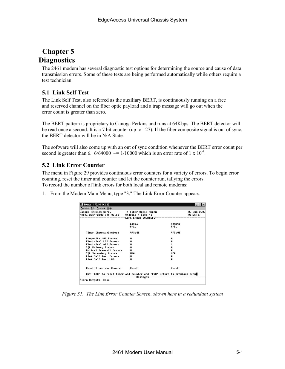 Chapter 5 diagnostics, 1 link self test, 2 link error counter | Chapter 5 diagnostics -1, 1 link self test -1 5.2 link error counter -1, 5chapter 5 diagnostics | CANOGA PERKINS 2461 E1 Modem User Manual | Page 43 / 74
