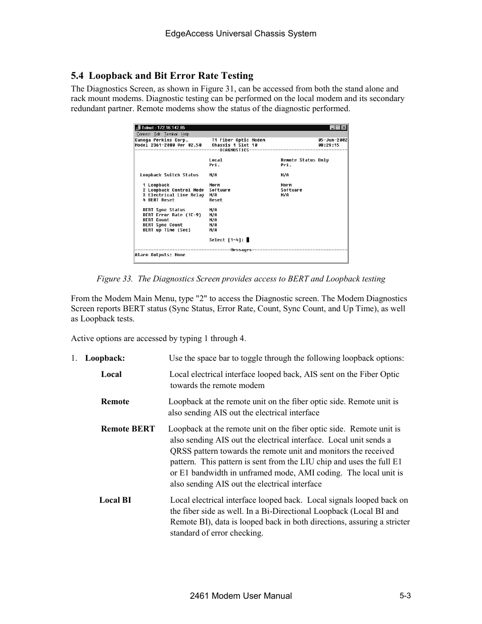4 loopback and bit error rate testing, 4 loopback and bit error rate testing -3 | CANOGA PERKINS 2461 E1 Modem User Manual | Page 45 / 74
