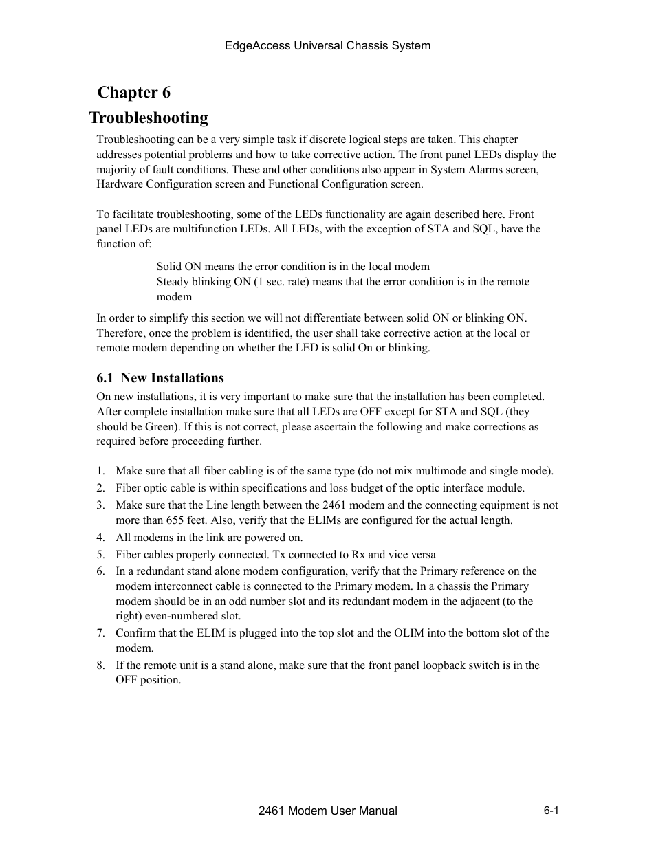 Chapter 6 troubleshooting, 1 new installations, Chapter 6 troubleshooting -1 | 1 new installations -1, 6chapter 6 troubleshooting | CANOGA PERKINS 2461 E1 Modem User Manual | Page 51 / 74
