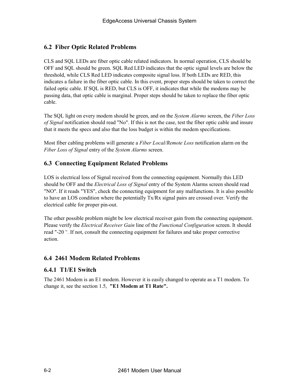2 fiber optic related problems, 3 connecting equipment related problems, 4 2461 modem related problems | 1 t1/e1 switch | CANOGA PERKINS 2461 E1 Modem User Manual | Page 52 / 74