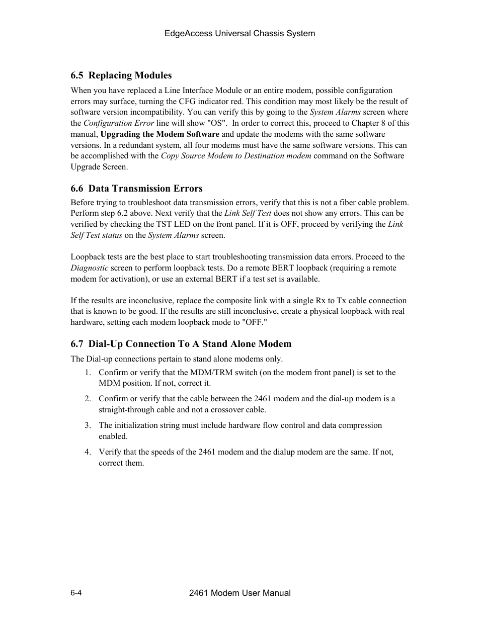 5 replacing modules, 6 data transmission errors, 7 dial-up connection to a stand alone modem | CANOGA PERKINS 2461 E1 Modem User Manual | Page 54 / 74
