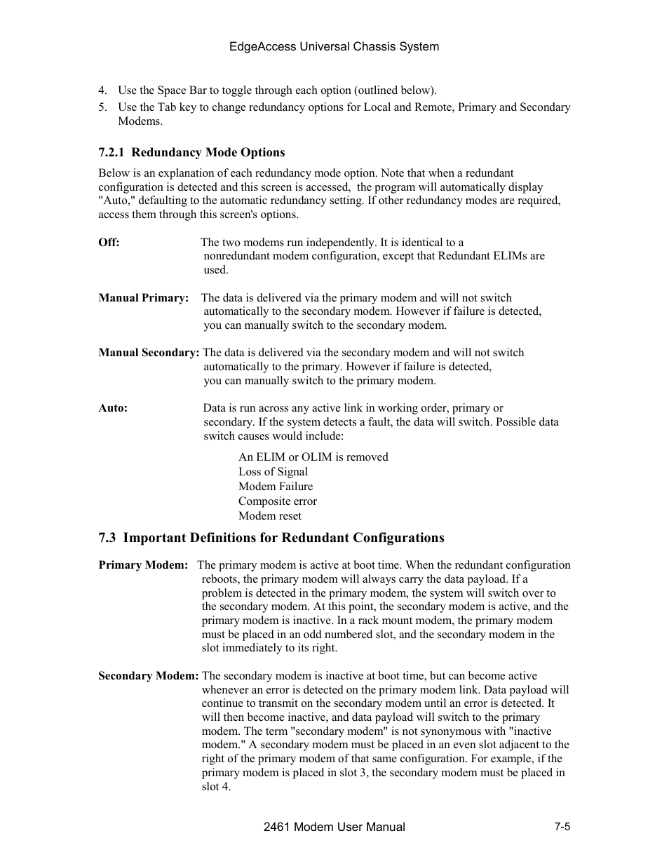1 redundancy mode options | CANOGA PERKINS 2461 E1 Modem User Manual | Page 61 / 74