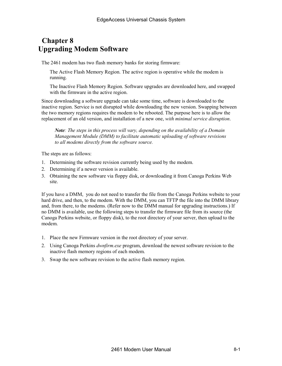 Chapter 8 upgrading modem software, Chapter 8 upgrading modem software -1, 8chapter 8 upgrading modem software | CANOGA PERKINS 2461 E1 Modem User Manual | Page 65 / 74