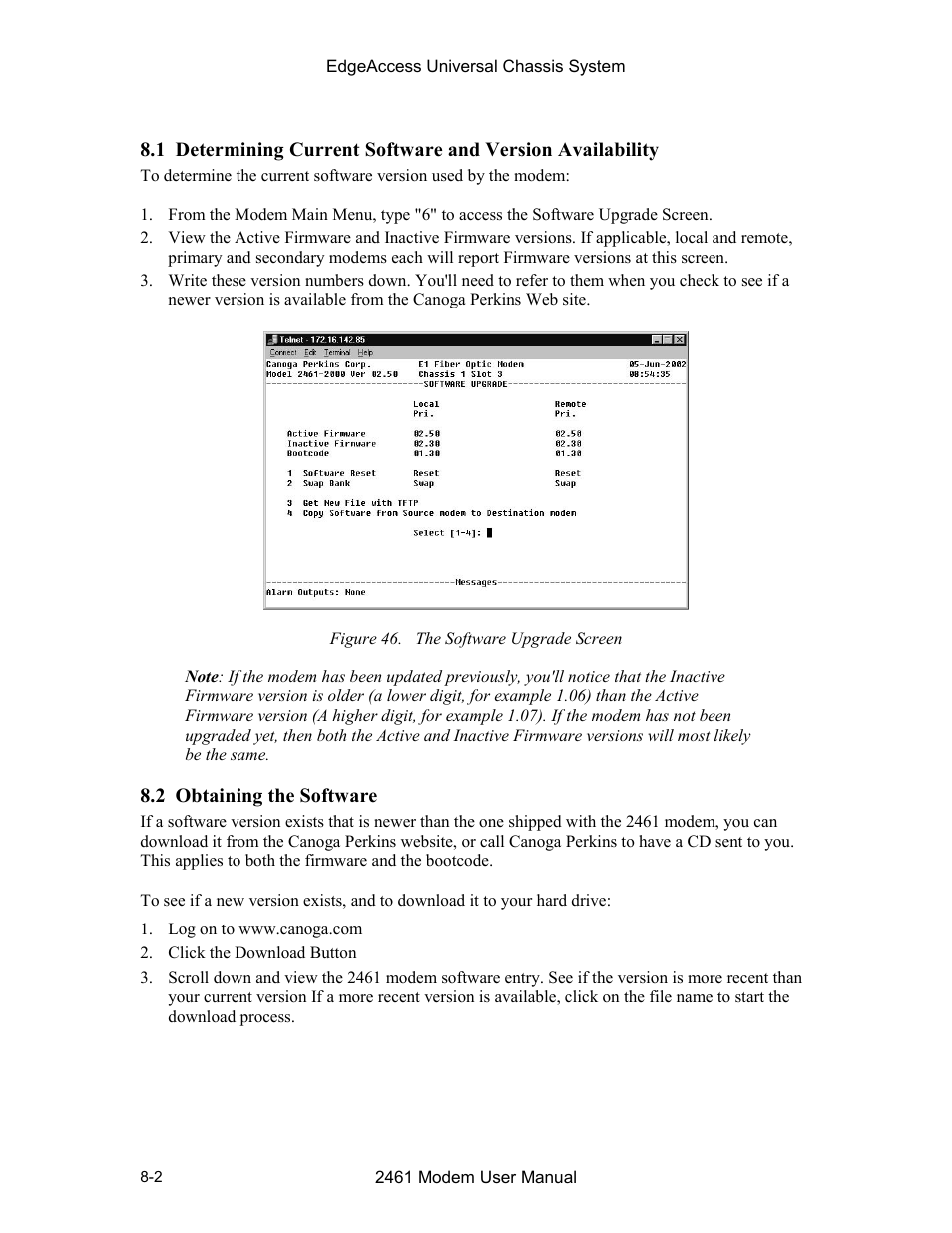 2 obtaining the software, Figure 46. the software upgrade screen -2 | CANOGA PERKINS 2461 E1 Modem User Manual | Page 66 / 74
