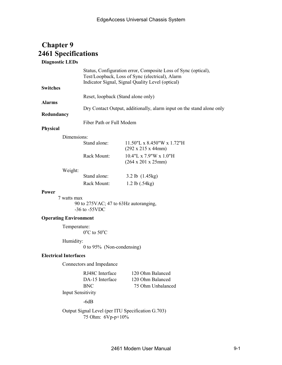 Chapter 9 2461 specifications, Chapter 9 2461 specifications -1 | CANOGA PERKINS 2461 E1 Modem User Manual | Page 71 / 74