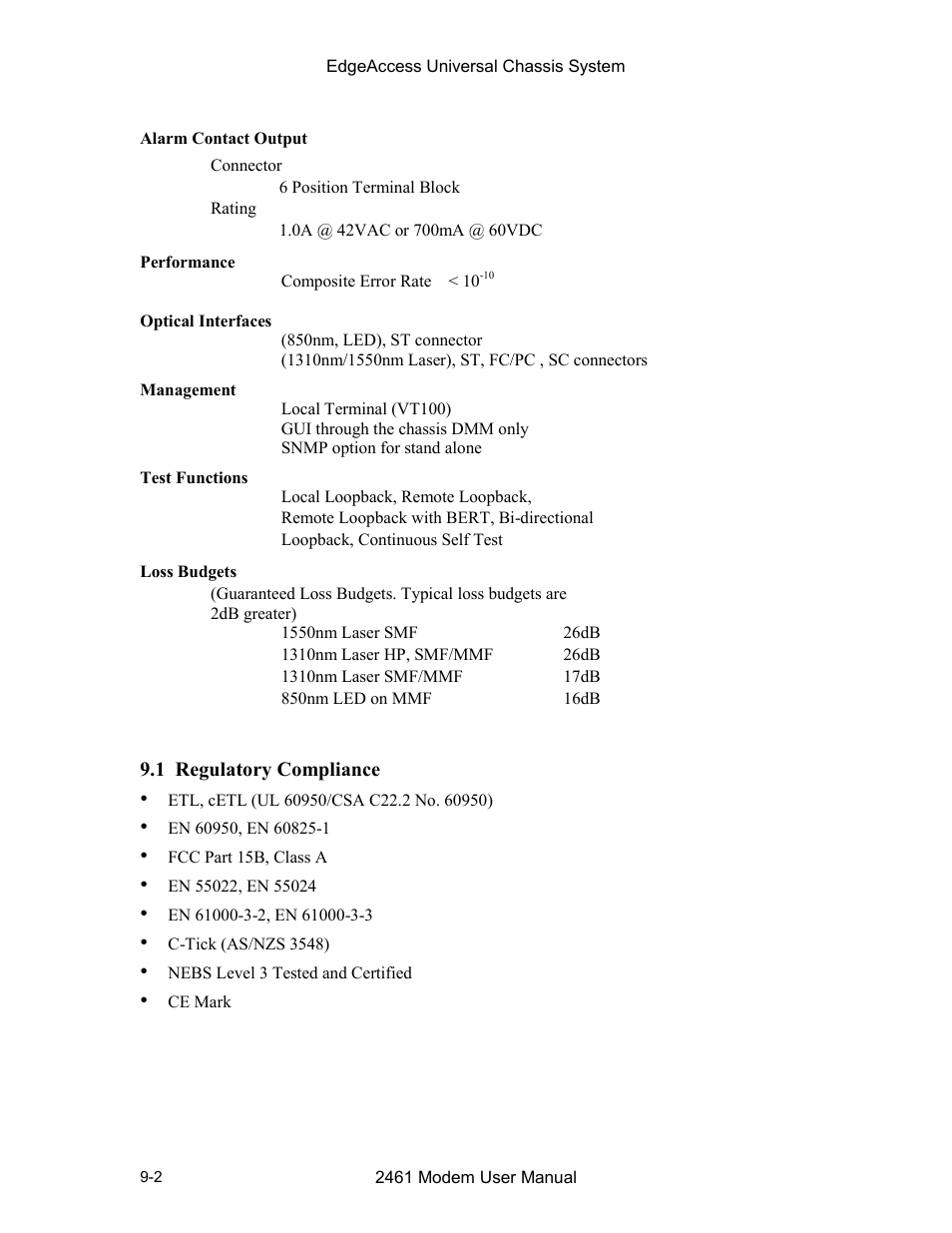 1 regulatory compliance, 1 regulatory compliance -2 | CANOGA PERKINS 2461 E1 Modem User Manual | Page 72 / 74