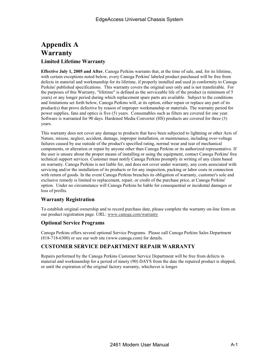 Appendix a warranty, Limited lifetime warranty, Warranty registration | Optional service programs, Customer service department repair warranty, Aappendix a warranty | CANOGA PERKINS 2461 E1 Modem User Manual | Page 73 / 74