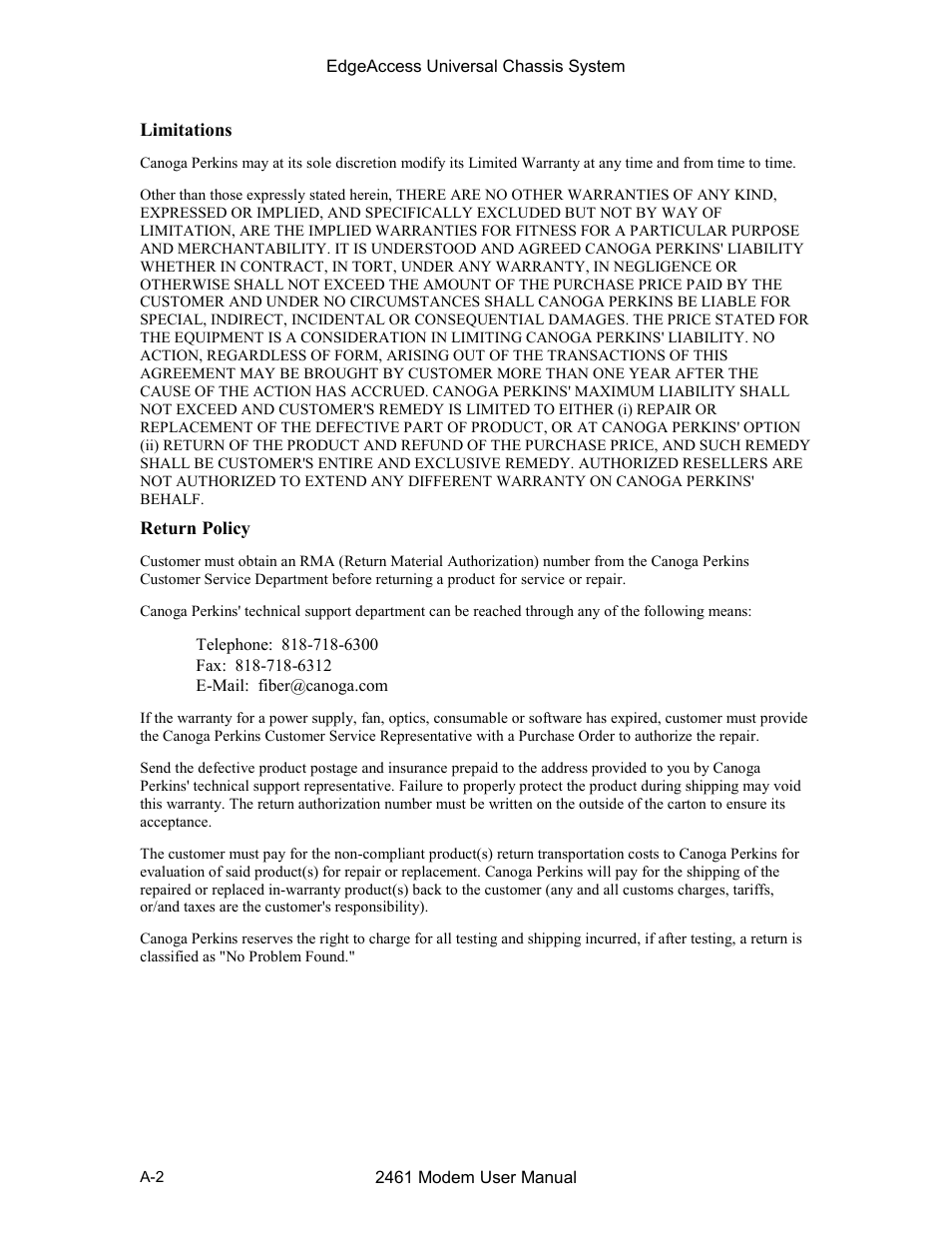 Limitations, Return policy | CANOGA PERKINS 2461 E1 Modem User Manual | Page 74 / 74