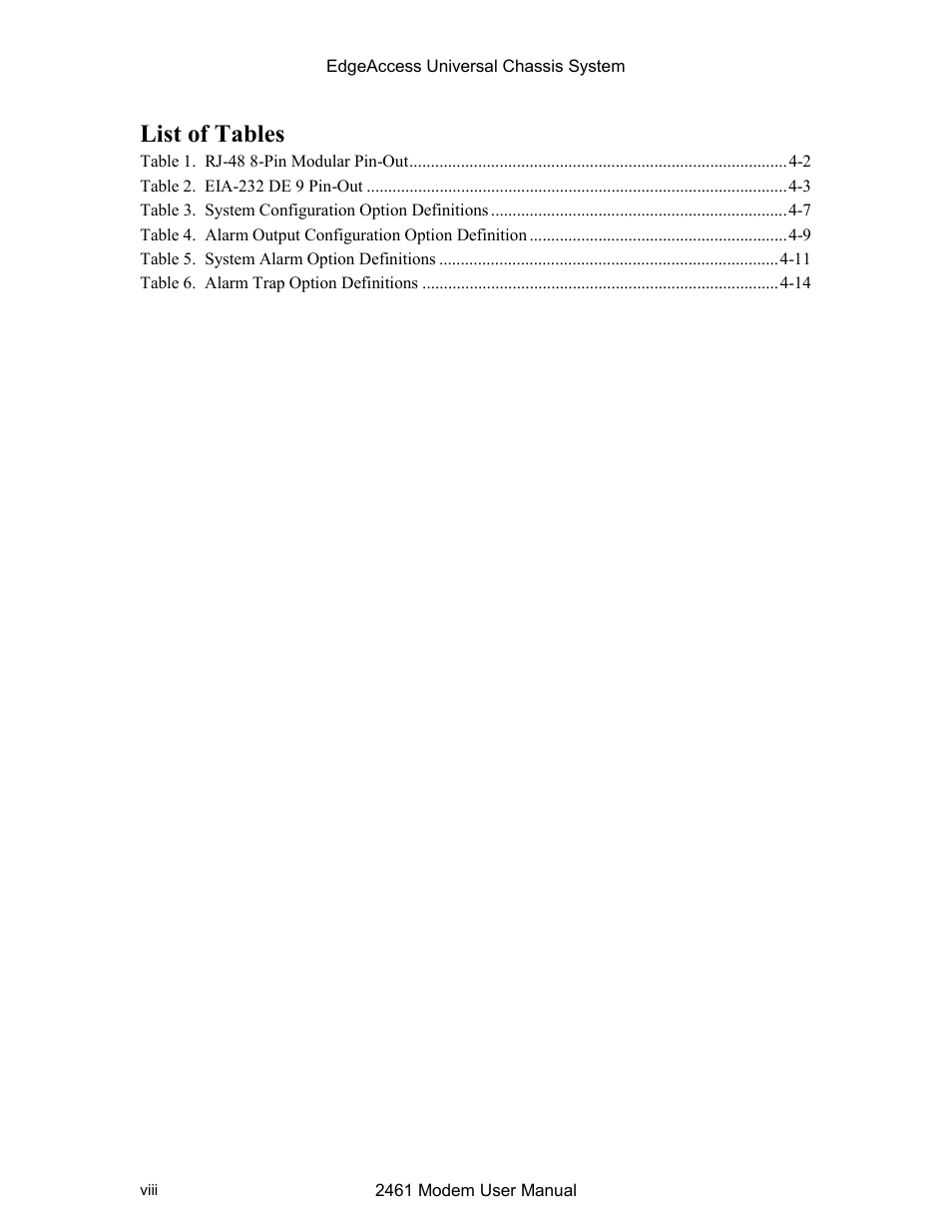 List of tables, Cle iii. list of tables | CANOGA PERKINS 2461 E1 Modem User Manual | Page 8 / 74