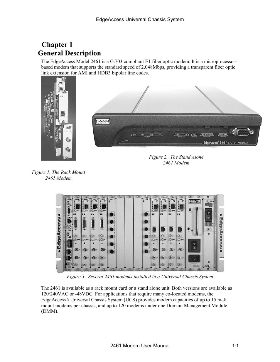 Chapter 1 general description, Chapter 1 general description -1, 1chapter 1 general description | CANOGA PERKINS 2461 E1 Modem User Manual | Page 9 / 74