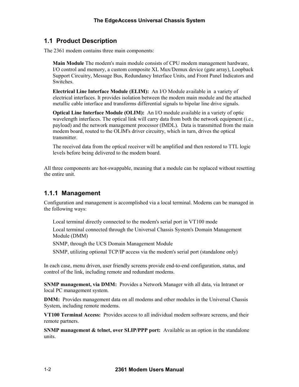 1 product description, 1 management, 1 product description -2 1.1.1 management -2 | CANOGA PERKINS 2361 T1 Modem User Manual | Page 10 / 76
