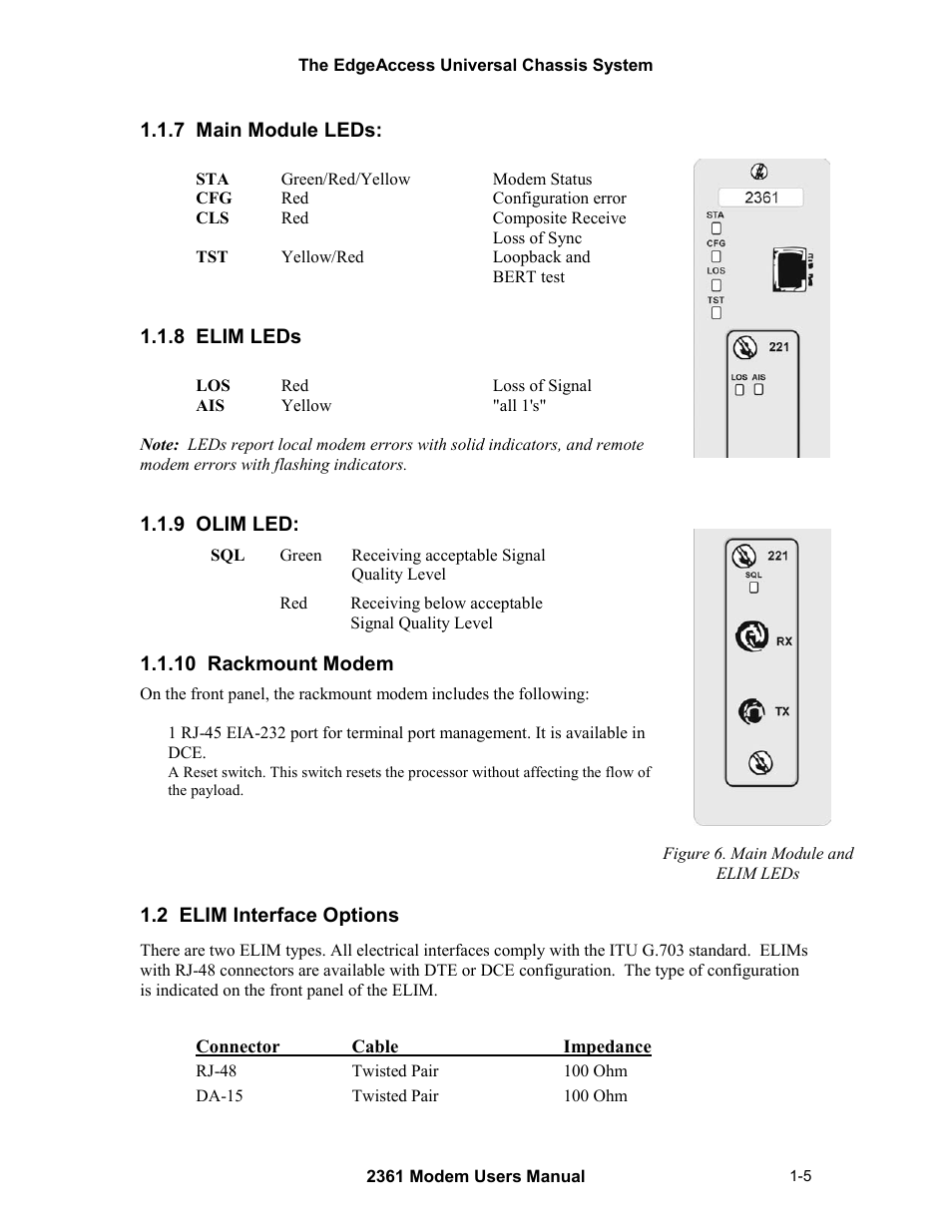 7 main module leds, 8 elim leds, 9 olim led | 10 rackmount modem, 2 elim interface options, Figure 6. main module and elim leds -5 | CANOGA PERKINS 2361 T1 Modem User Manual | Page 13 / 76