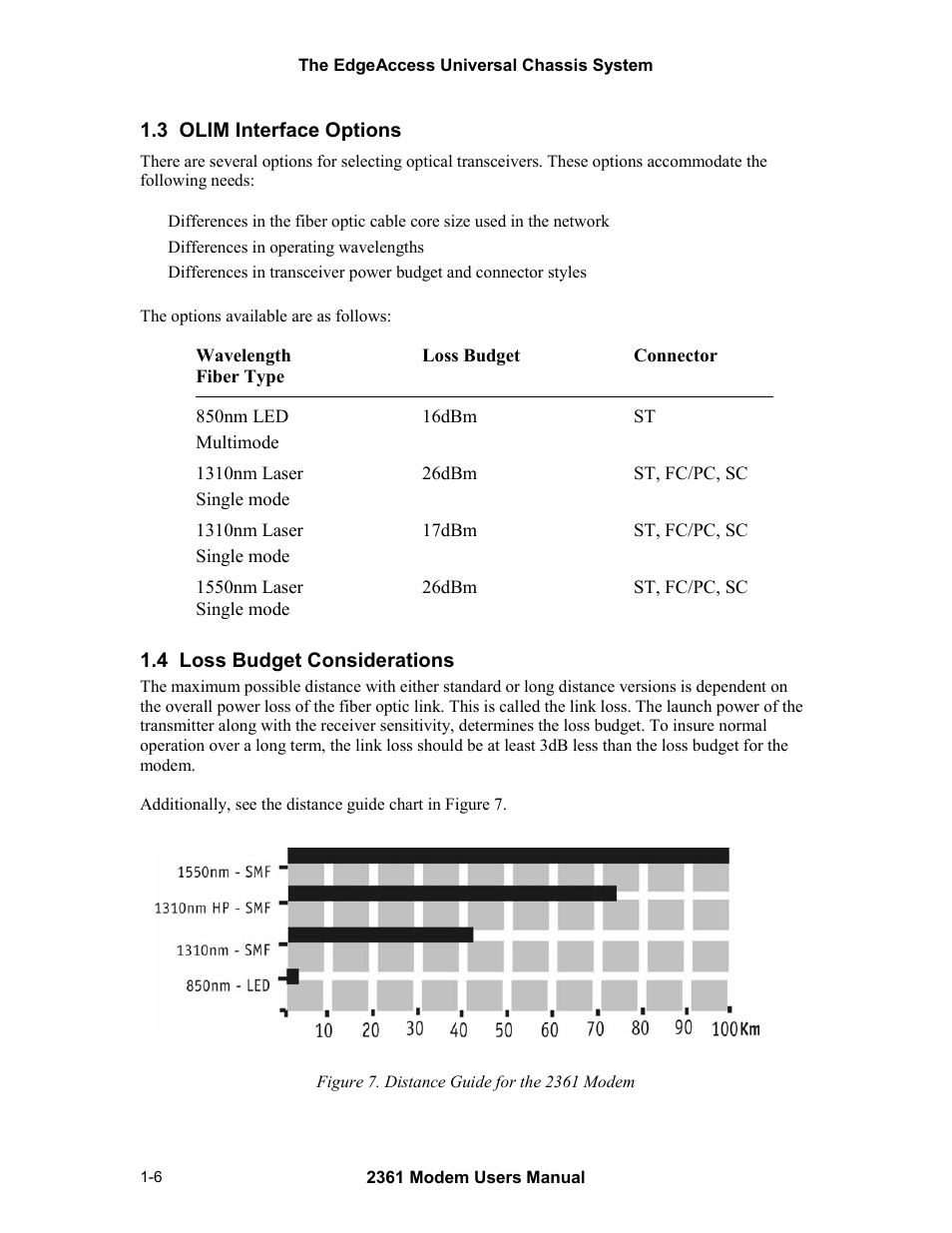 3 olim interface options, 4 loss budget considerations, Figure 7. distance guide for the 2361 modem -6 | CANOGA PERKINS 2361 T1 Modem User Manual | Page 14 / 76