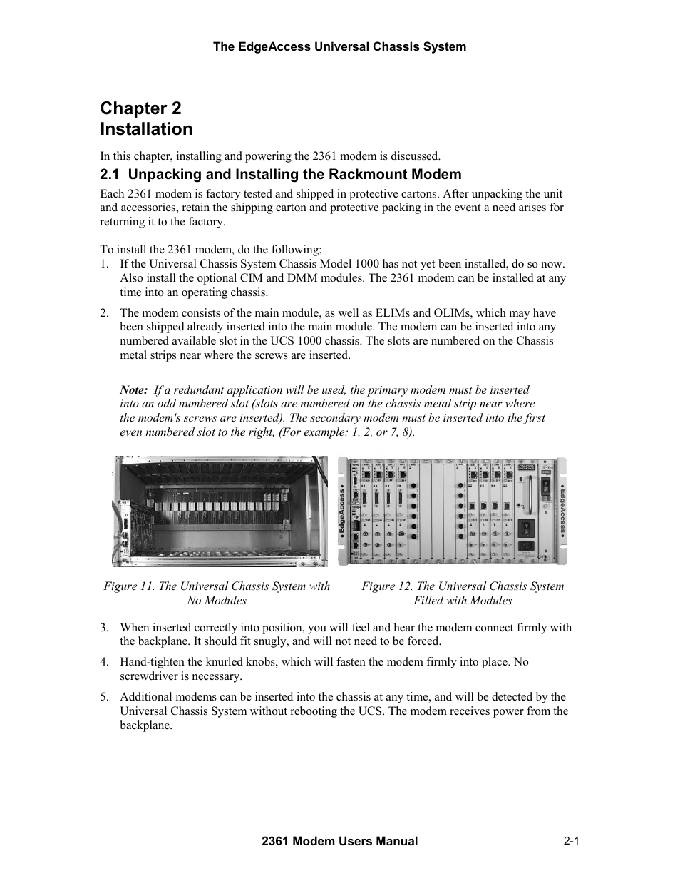Installation, 1 unpacking and installing the rackmount modem, Chapter 2 installation -1 | 1 unpacking and installing the rackmount modem -1, Chapter 2 installation | CANOGA PERKINS 2361 T1 Modem User Manual | Page 17 / 76
