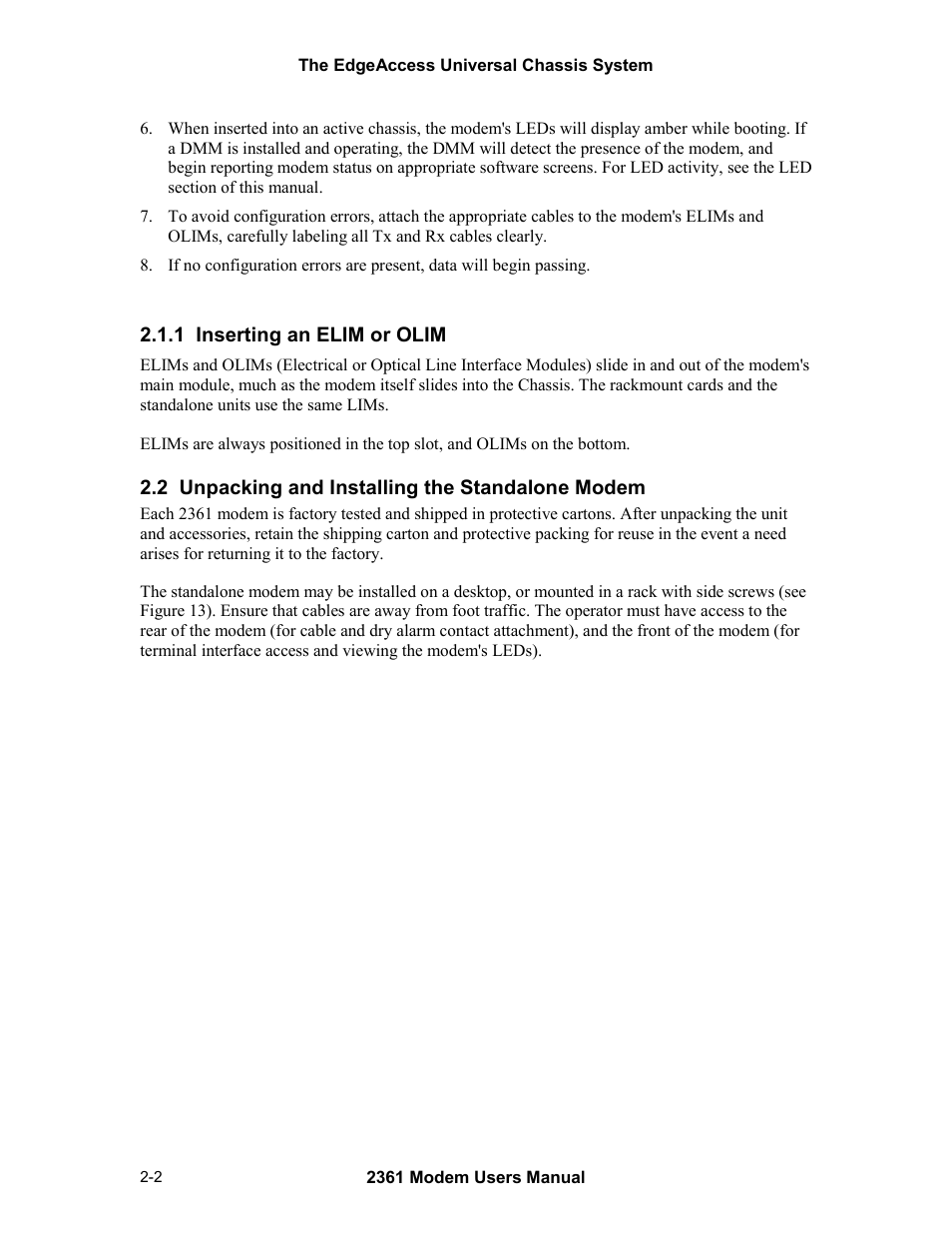 1 inserting an elim or olim, 2 unpacking and installing the standalone modem | CANOGA PERKINS 2361 T1 Modem User Manual | Page 18 / 76