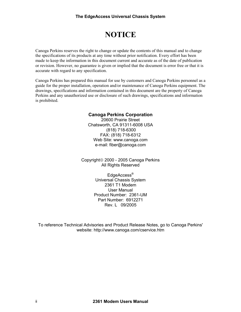 Notice | CANOGA PERKINS 2361 T1 Modem User Manual | Page 2 / 76