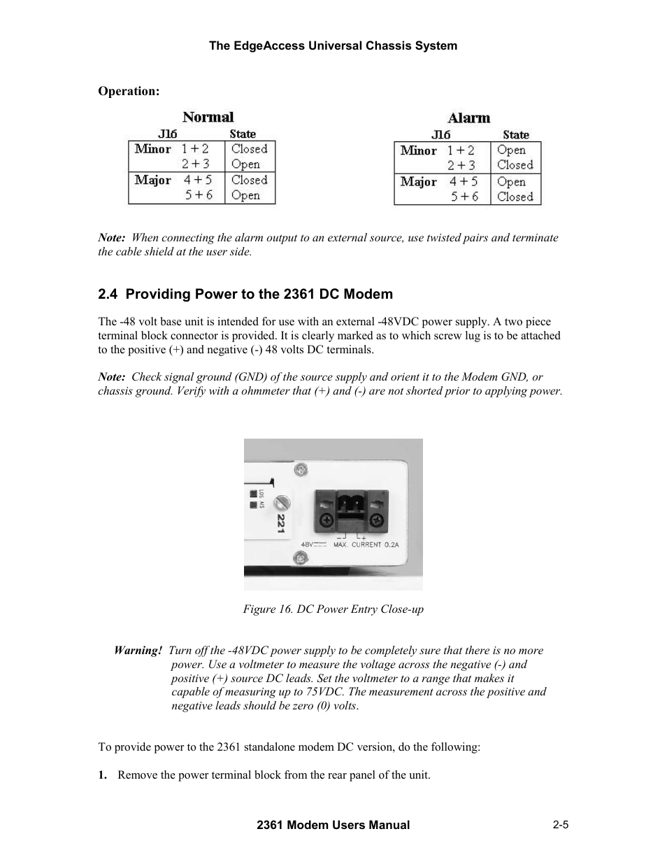 4 providing power to the 2361 dc modem, 4 providing power to the 2361 dc modem -5, Figure 16. dc power entry close-up -5 | CANOGA PERKINS 2361 T1 Modem User Manual | Page 21 / 76