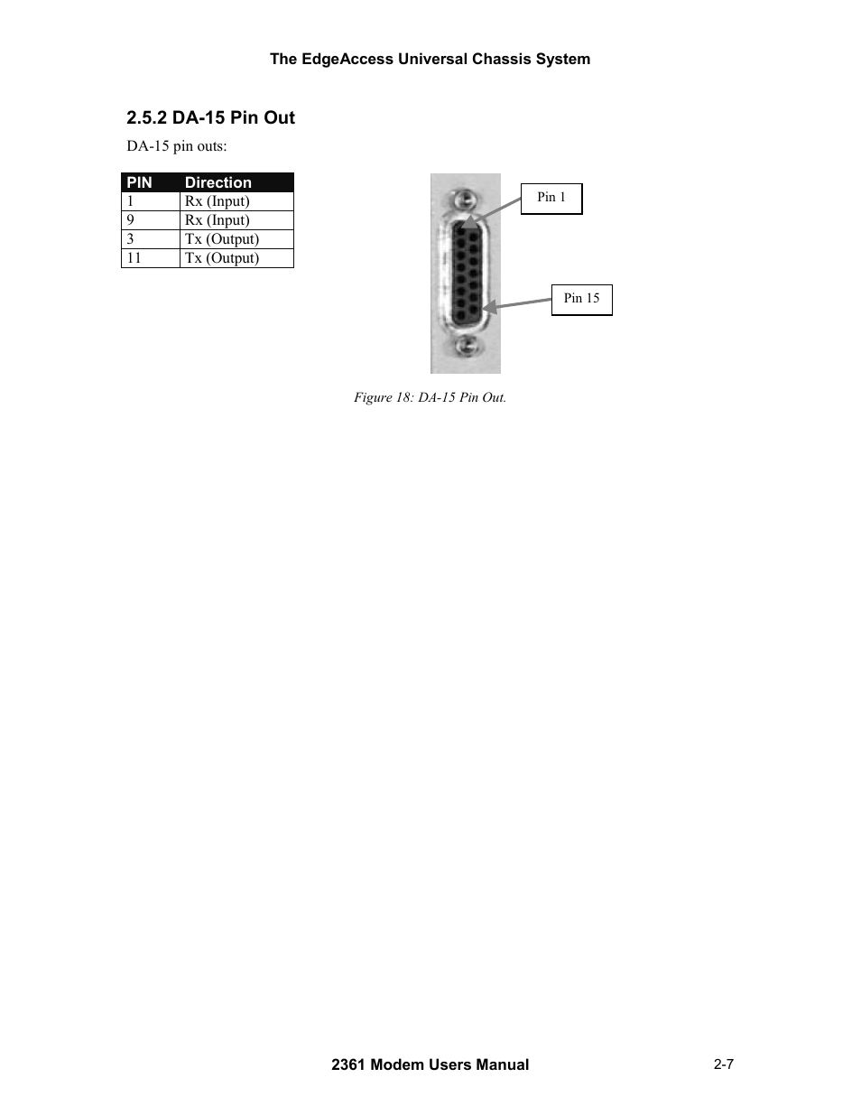 2 da-15 pin out, 2 da-15 pin out -7, Figure 18: da-15 pin out -7 | CANOGA PERKINS 2361 T1 Modem User Manual | Page 23 / 76