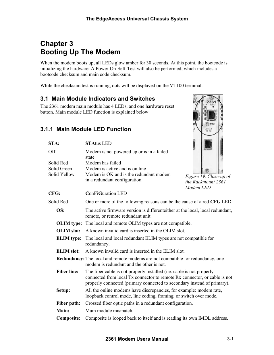 Booting up the modem, 1 main module indicators and switches, 1 main module led function | Chapter 3 booting up the modem -1, Chapter 3 booting up the modem | CANOGA PERKINS 2361 T1 Modem User Manual | Page 25 / 76