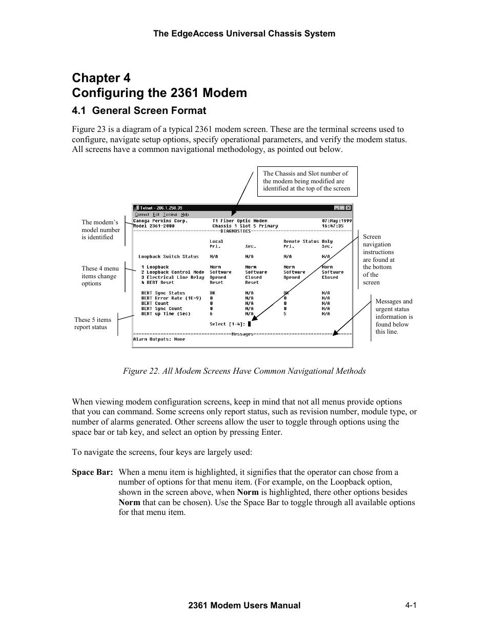 Configuring the 2361 modem, 1 general screen format, Chapter 4 configuring the 2361 modem -1 | 1 general screen format -1 | CANOGA PERKINS 2361 T1 Modem User Manual | Page 29 / 76
