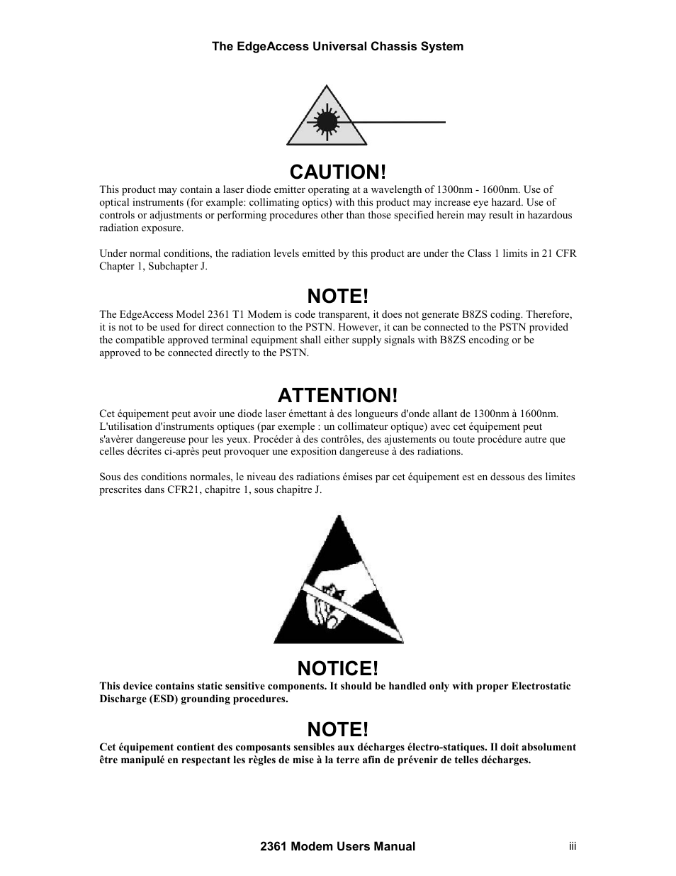 Caution, Attention, Notice | CANOGA PERKINS 2361 T1 Modem User Manual | Page 3 / 76