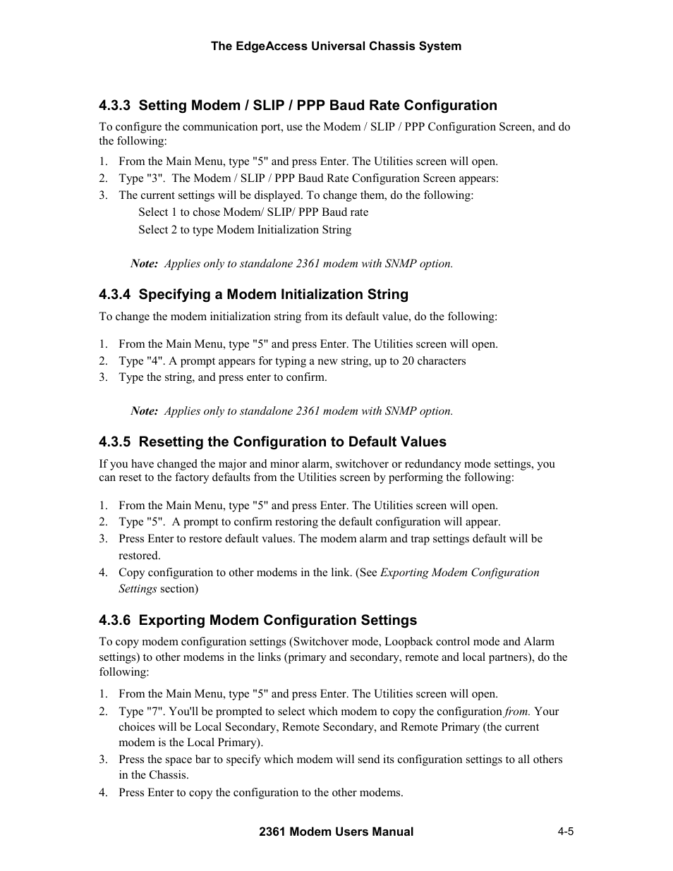 4 specifying a modem initialization string, 5 resetting the configuration to default values, 6 exporting modem configuration settings | CANOGA PERKINS 2361 T1 Modem User Manual | Page 33 / 76