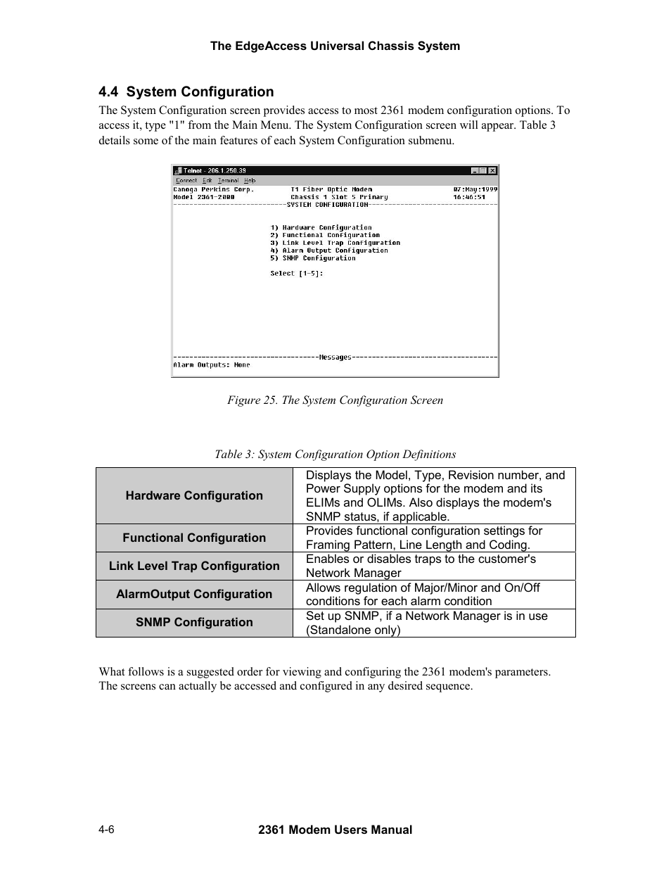 4 system configuration, 4 system configuration -6, Figure 25. the system configuration screen -6 | CANOGA PERKINS 2361 T1 Modem User Manual | Page 34 / 76