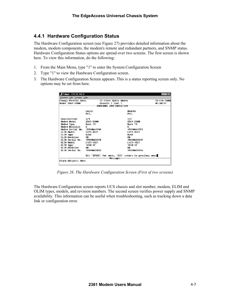 1 hardware configuration status, 1 hardware configuration status -7 | CANOGA PERKINS 2361 T1 Modem User Manual | Page 35 / 76
