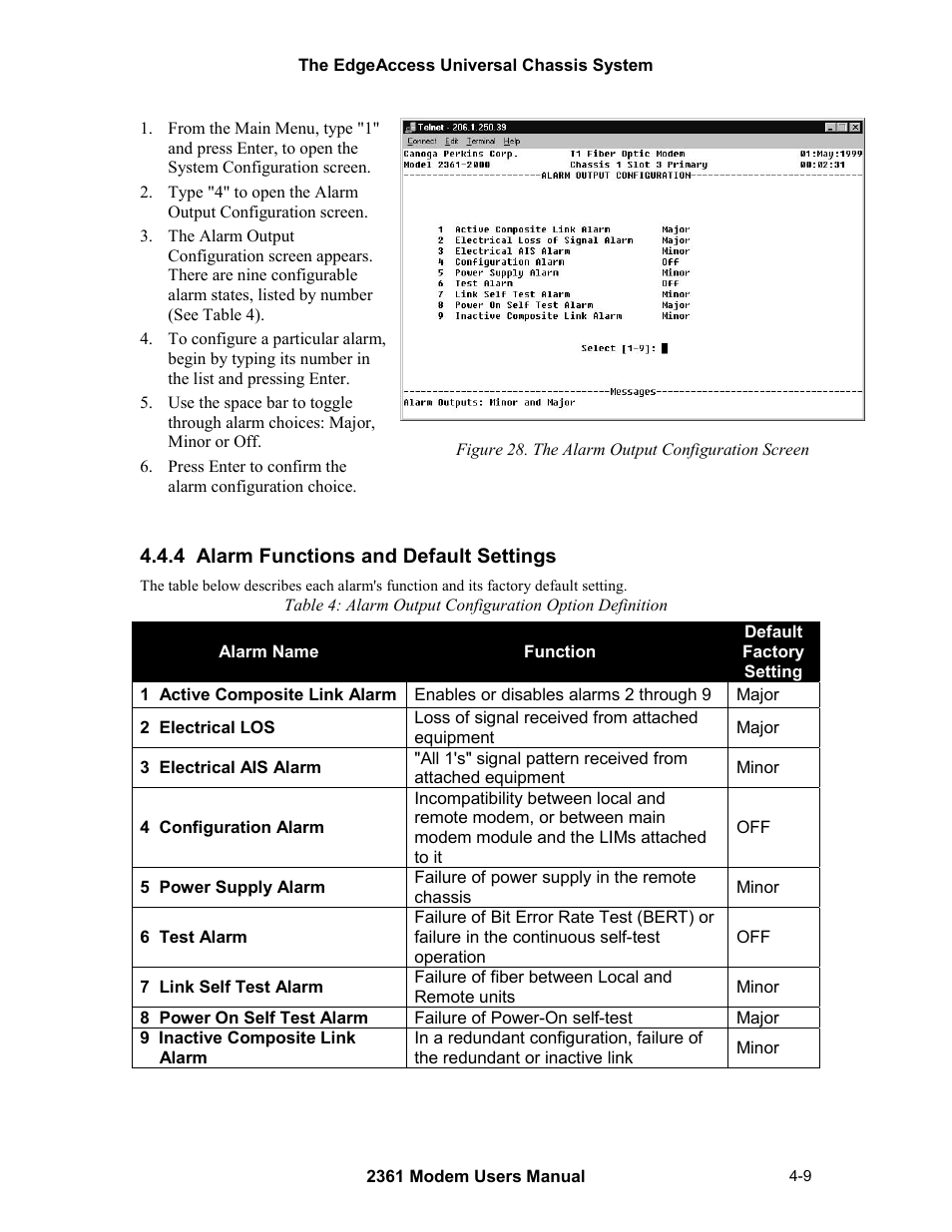 4 alarm functions and default settings, 4 alarm functions and default settings -9 | CANOGA PERKINS 2361 T1 Modem User Manual | Page 37 / 76