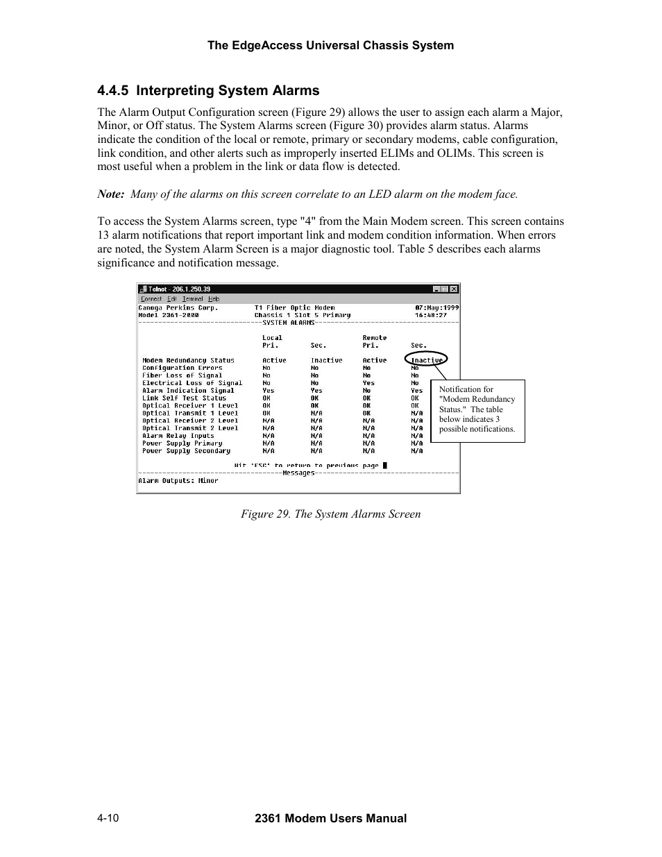 5 interpreting system alarms, 5 interpreting system alarms -10, Figure 29. the system alarms screen -10 | CANOGA PERKINS 2361 T1 Modem User Manual | Page 38 / 76