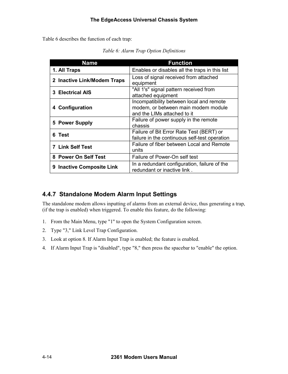 7 standalone modem alarm input settings, 7 standalone modem alarm input settings -14, Table 6: alarm trap option definitions -14 | CANOGA PERKINS 2361 T1 Modem User Manual | Page 42 / 76