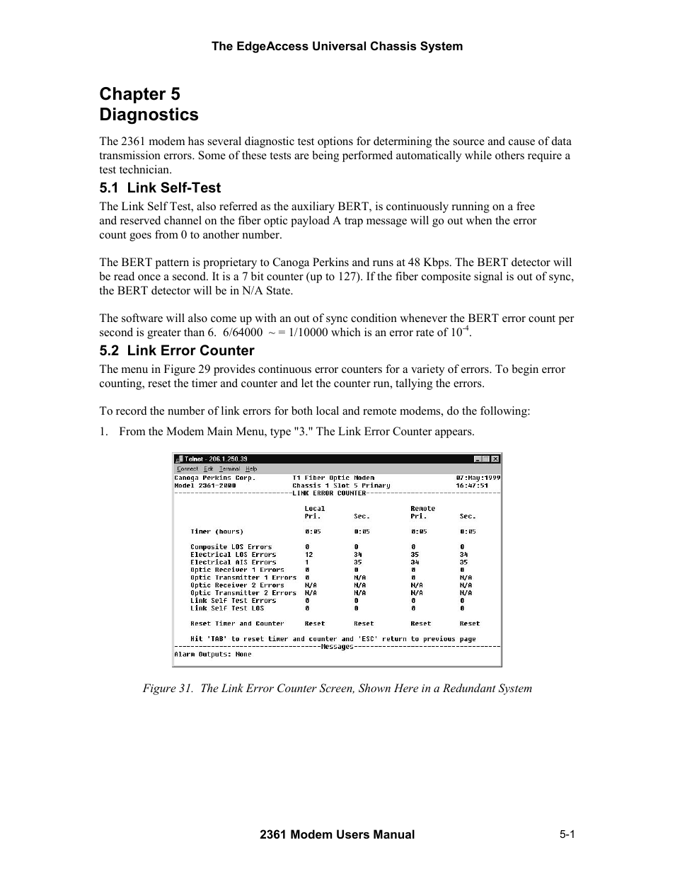Diagnostics, 1 link self-test, 2 link error counter | Chapter 5 diagnostics -1, 1 link self-test -1 5.2 link error counter -1, Chapter 5 diagnostics | CANOGA PERKINS 2361 T1 Modem User Manual | Page 43 / 76