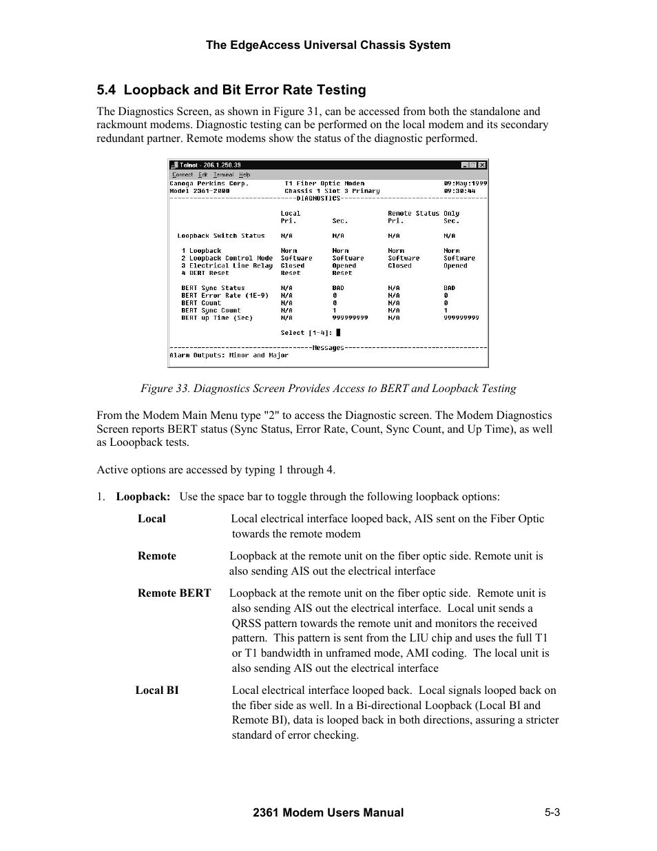 4 loopback and bit error rate testing, 4 loopback and bit error rate testing -3 | CANOGA PERKINS 2361 T1 Modem User Manual | Page 45 / 76